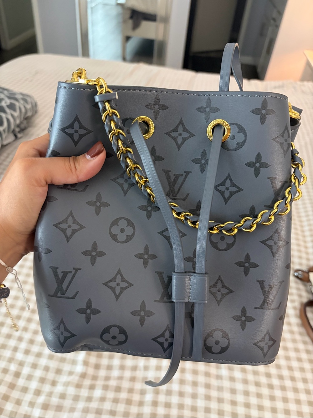Louis Vuitton Grey Monogram Chain Drawstring Bucket Bag